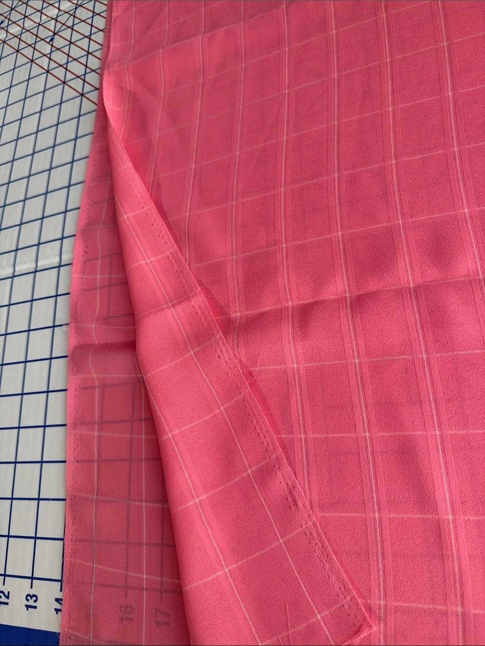 Vintage 1980s Coral Pink Windowpane Plaid Lightweight Drapey Fabric 2 Yards
